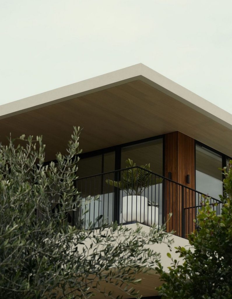 Modern architectural design featuring a flat-roofed house with steel-framed glass doors, wooden accents, and greenery.