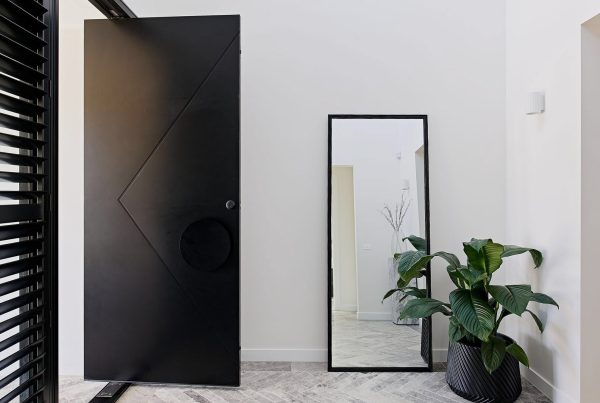 A sleek black steel door features a geometric design, alongside a tall mirror and a lush green plant in a modern, light-filled hallway.