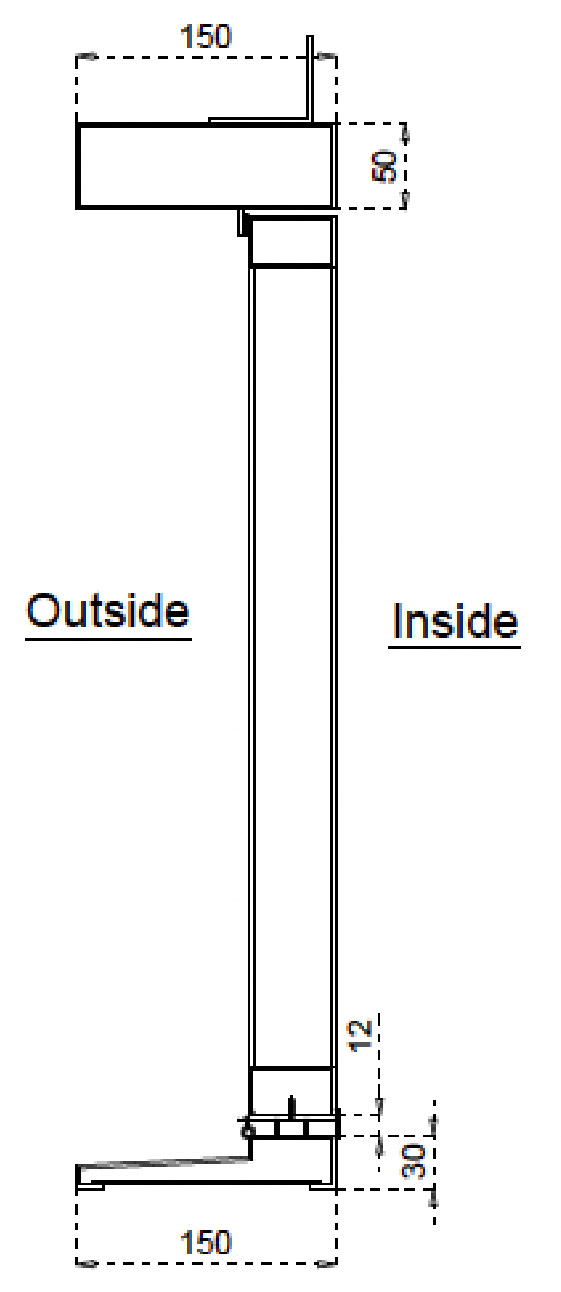 Technical drawing of a solid iron panel; features dimensions and labels for 'Outside' and 'Inside', emphasising precision engineering.