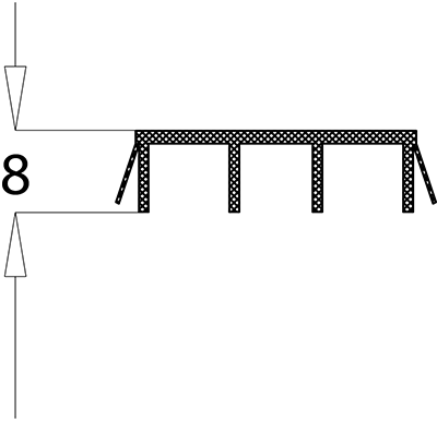 Black weather seal profile with grooves, designed for architectural applications in steel doors and windows. Minimalist layout.