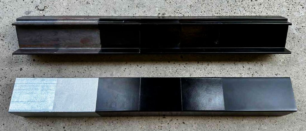 Two steel sections displayed side by side; the upper is uncoated and dark, the lower showcases a fluorocarbon finish with varied textures.