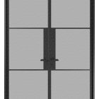 Black steel double doors with a minimalist design, featuring four glass panels and a central handle.