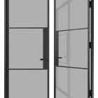 A black steel frame glass double door with a right-hand opening, featuring three vertical panes on each side.