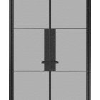 Right-hand steel-frame glass double doors with a black finish, featuring a central handle and six rectangular panes of clear glass.