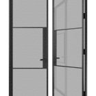 Open double doors featuring a sleek galvanised steel frame with large glass panels, showcasing a modern design suitable for various settings.