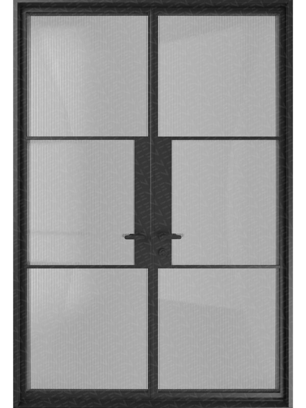 Steel frame glass double doors in a right-hand layout, featuring reeded glass panels and a sleek black finish.