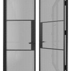 Exterior view of galvanised steel double doors with a reeded glass panel design, framed in a sleek black finish, standing open.
