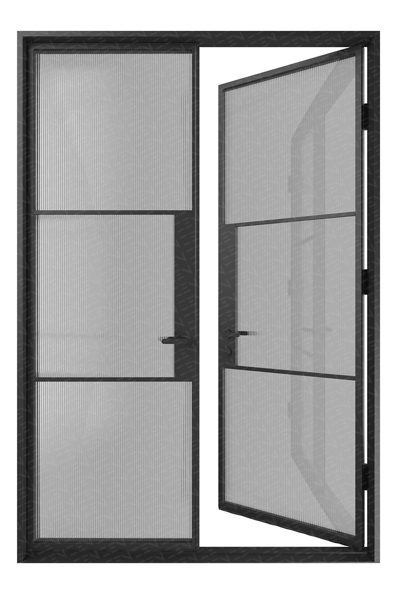 Exterior view of galvanised steel double doors with a reeded glass panel design, framed in a sleek black finish, standing open.