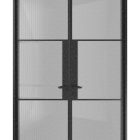 Black steel framed double doors featuring reeded glass panels, designed with a central handle for right-hand operation.
