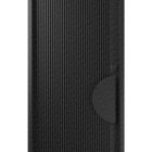 Left-hand entry door featuring a textured batten design in deep black, complemented by a sleek, modern handle.