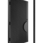 Left-hand opening black galvanised batten entry door with textured surface, framed in a sleek black border.