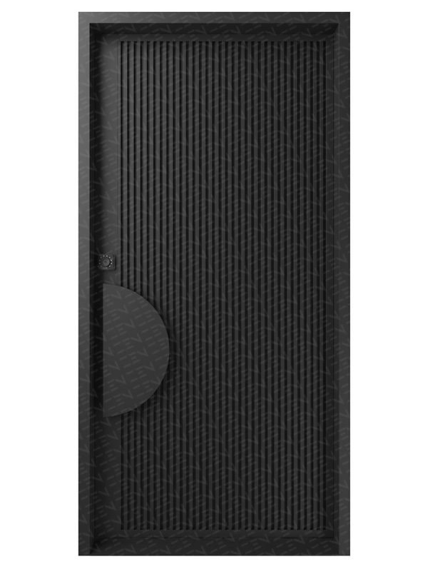 Right-hand galvanised iron hinge entry door with a vertical batten design, featuring a geometric pattern in black.