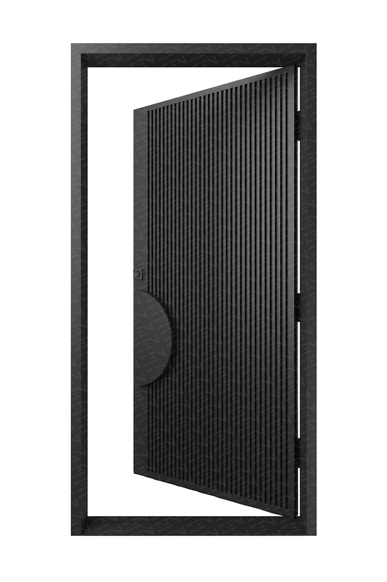 Stylish right-hand entry door with a black batten design, featuring vertical grooves and a circular handle, set in a sleek frame.
