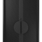 Black batten edge double entry doors with a central oval handle, featuring a textured design, showcasing a sleek and modern appearance.