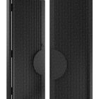 Black double doors with a batten edge design, featuring vertical grooves and a circular handle, set against a white background.