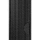 Left-hand entry door featuring a textured batten design in black iron, complemented by a curved handle, exuding modern elegance.