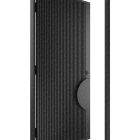 Black batten iron entry door with a textured surface, slightly ajar within a sleek frame, showcasing its modern design and craftsmanship.