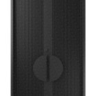 Black batten-edge iron double doors with a central oval handle, showcasing a textured surface and vertical ribbed design.