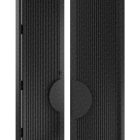 Black iron double doors with a batten edge design, featuring vertical grooves and a circular handle, displayed in an open position.