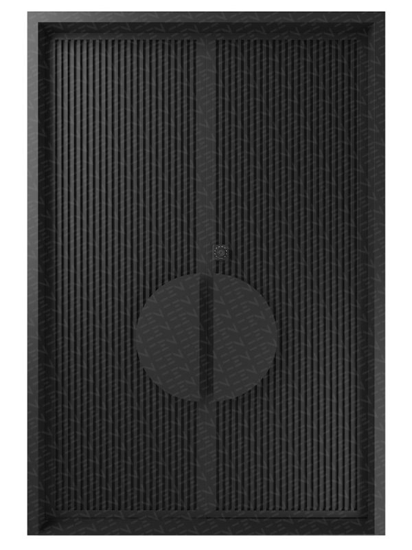 Custom black iron double doors with a batten design, featuring a central oval handle and vertical grooves, exuding a modern aesthetic.