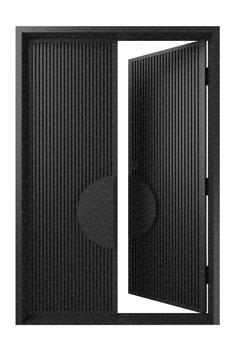 Double black iron batten entry doors featuring a central circle design, showcasing a modern and textured surface with vertical lines.