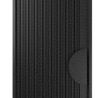 Textured black iron pivot entry door with a batten edge design, featuring a unique curved handle on the right side.