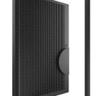 Left-hand pivot entry door with a batten edge design, featuring a textured black surface and a sleek round handle, set in a black frame.