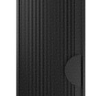 Batten edge iron pivot entry door in matte black, featuring vertical ribbed detailing and a sleek curved handle.