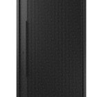 Black batten edge iron pivot entry door with a sleek, textured surface and vertical grooves, featuring a minimalistic handle.