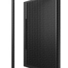 Black iron pivot entry door with batten edge design, partially open within a sleek rectangular frame, showcasing vertical grooves.