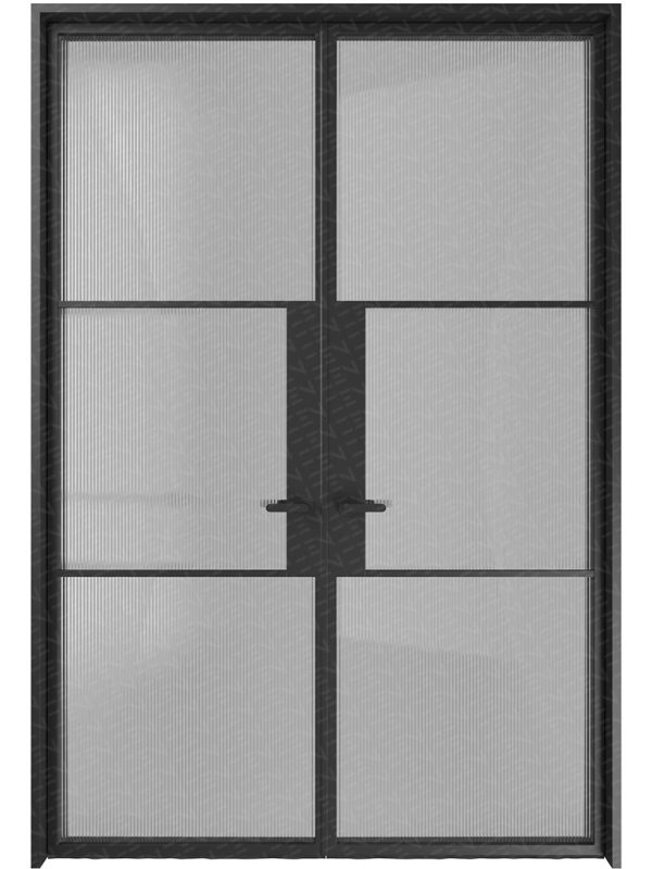 Steel double doors with a sleek black frame and reeded glass panels, featuring a central black handle, designed for modern aesthetics.