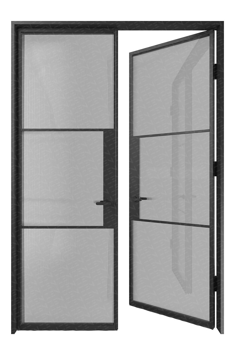 Black steel frame glass double doors with three vertical panes and a textured finish, open to reveal a symmetrical design.