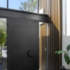 Bespoke black iron entry door with a geometric design, framed by a glass wall and wooden slats, with indoor plants visible.