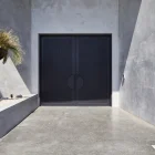 Black iron batten entry doors centred against a grey concrete wall, flanked by a sculptural plant and minimalist landscaping.