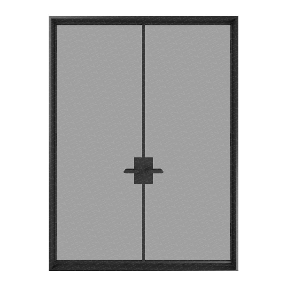 Modern rectangular steel door with a minimalist design, featuring a dark frame and a central handle against a grey panel.