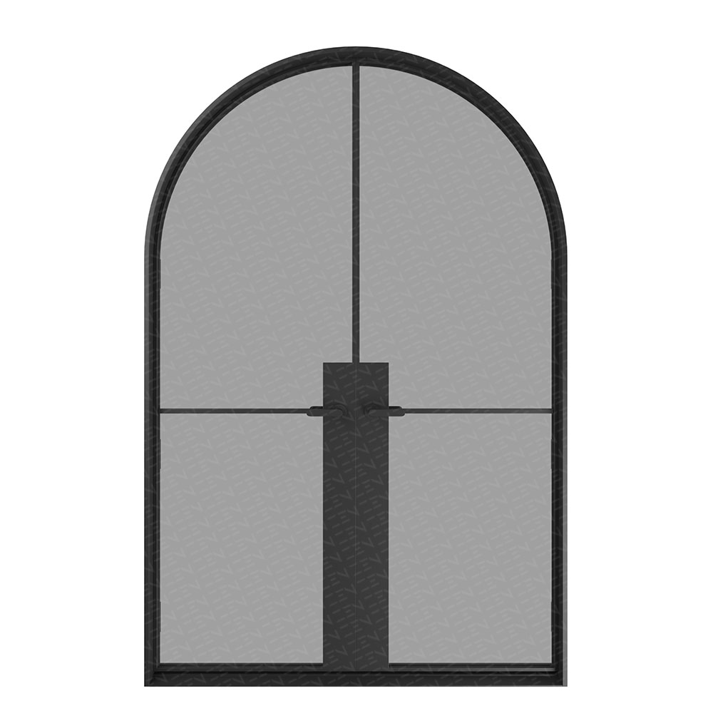 Arched black steel window with a central crossbar, featuring clear glass panes, emphasising minimalist elegance and craftsmanship.