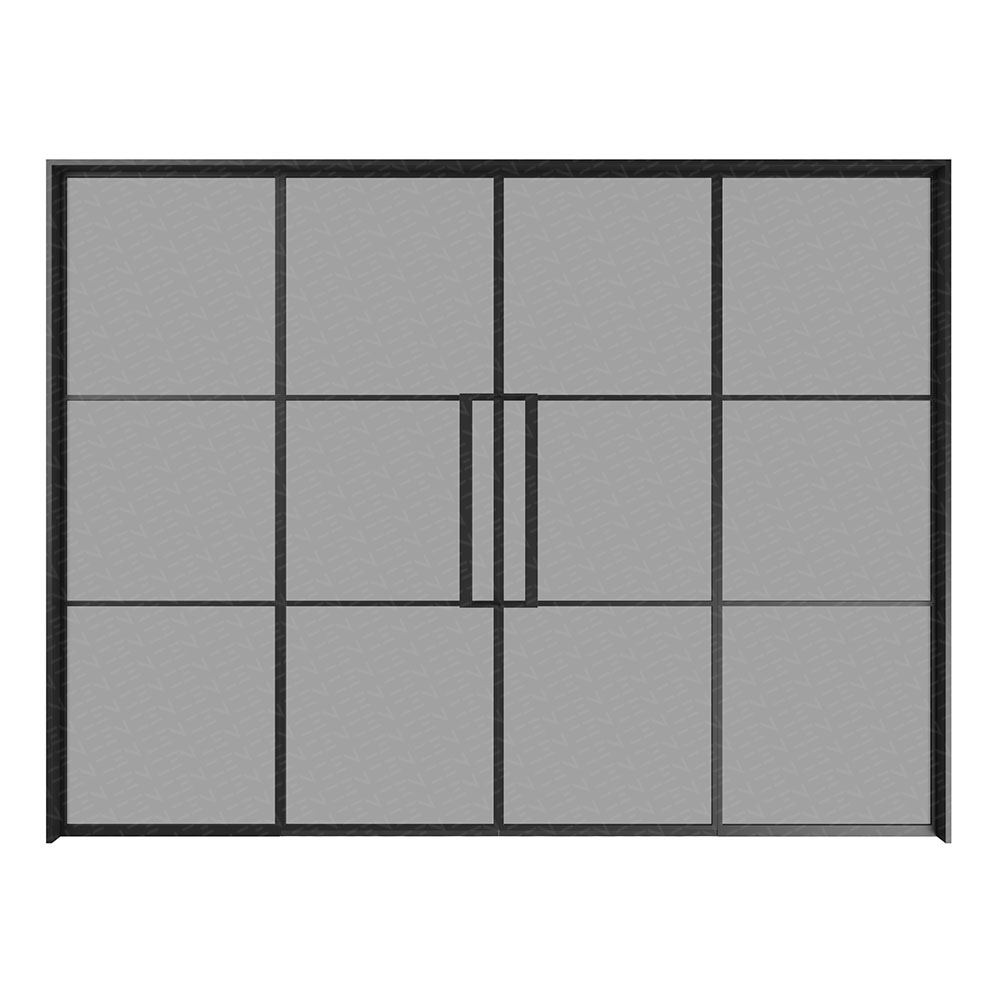 Bespoke steel door design featuring a grid of ten rectangular panes with a sleek black frame and double central handles.