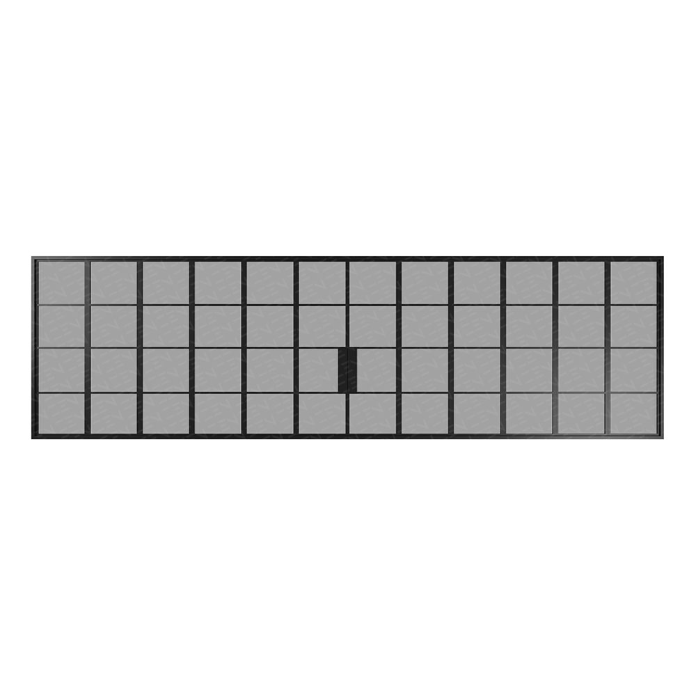 A sleek, rectangular steel door featuring a grid of 30 square panels with a central black section, framed in a minimalist black border.