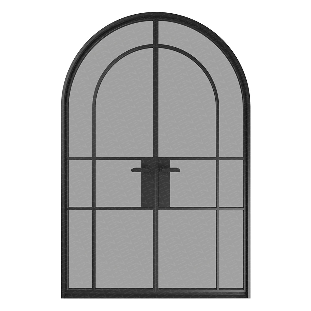Arched steel window design featuring a six-light layout with a central handle, set against a minimalist white background.