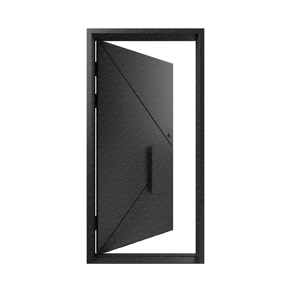 Black iron door with a geometric, triangular panel design, featuring a sleek handle, set within a narrow frame.