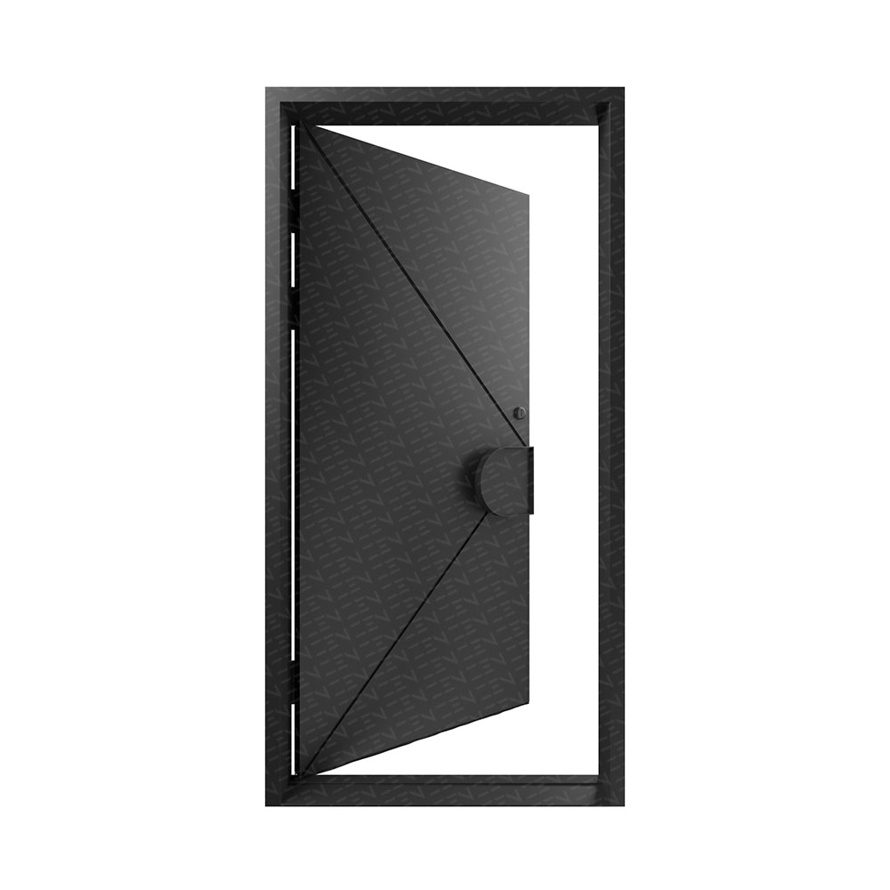 Bespoke black iron door with a geometric pattern, partially open, showcasing its sleek design and sturdy construction.