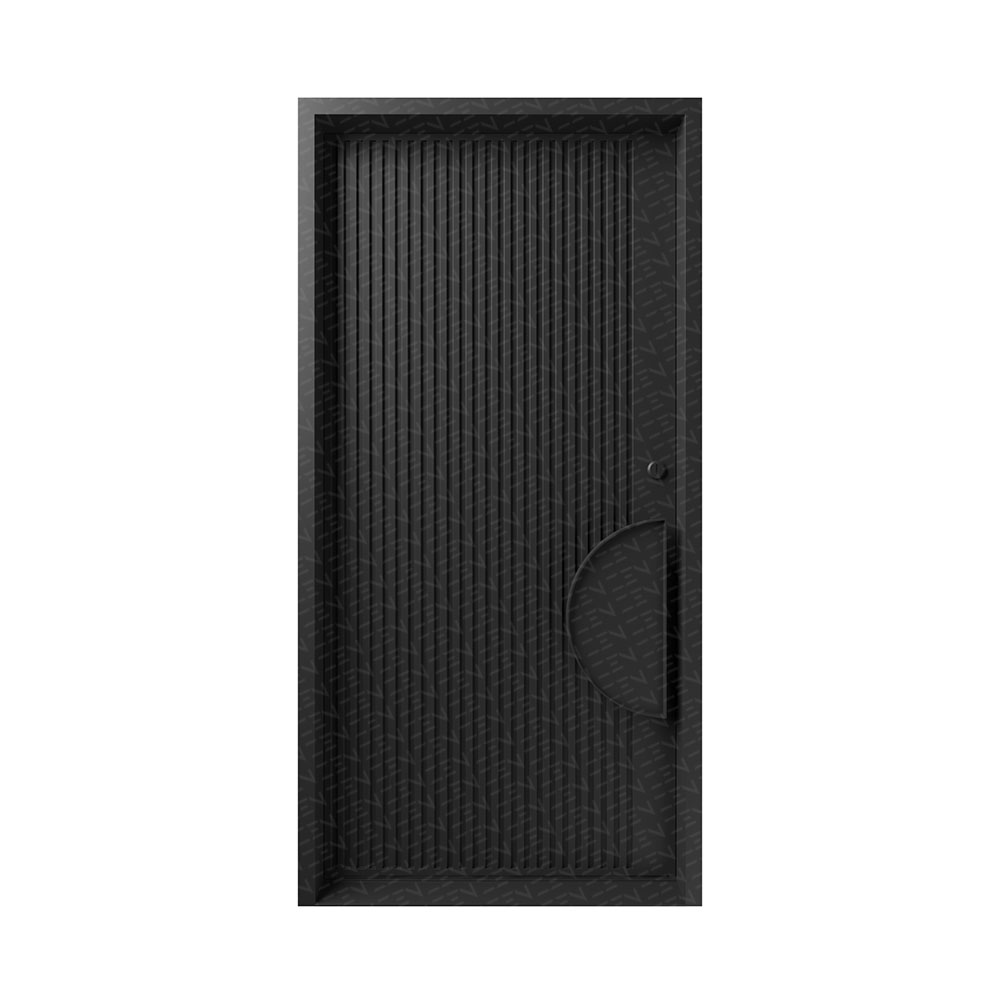 Modern black iron door featuring a textured, grooved design with a sleek, integrated handle for a contemporary aesthetic.