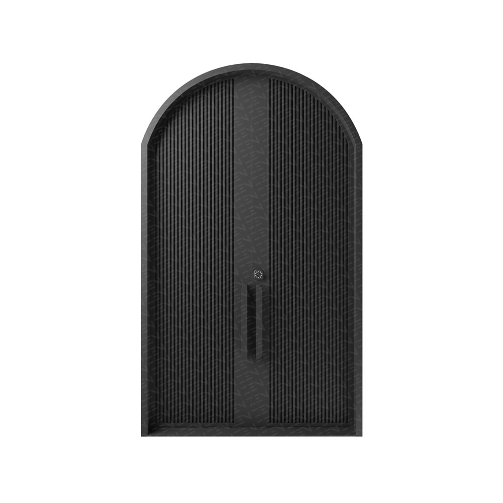 Arched black iron door with a textured, ribbed surface and a central handle, showcasing a modern and bespoke design.