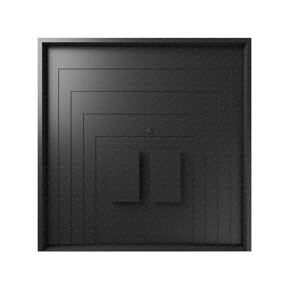 Sleek black iron door featuring a geometric design with layered rectangles and a central handle, emphasising modern craftsmanship.