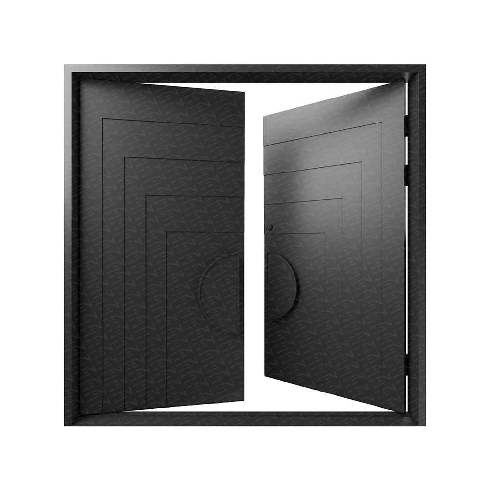 Bespoke double iron door with a geometric pattern, featuring a circular handle, finished in a sleek black design.