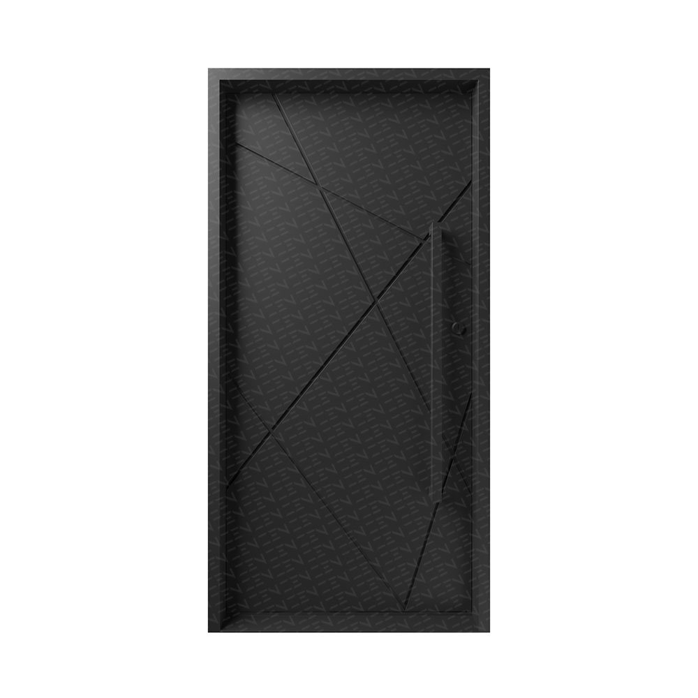 Textured black iron door featuring geometric angles and a sleek handle, showcasing modern design and craftsmanship.